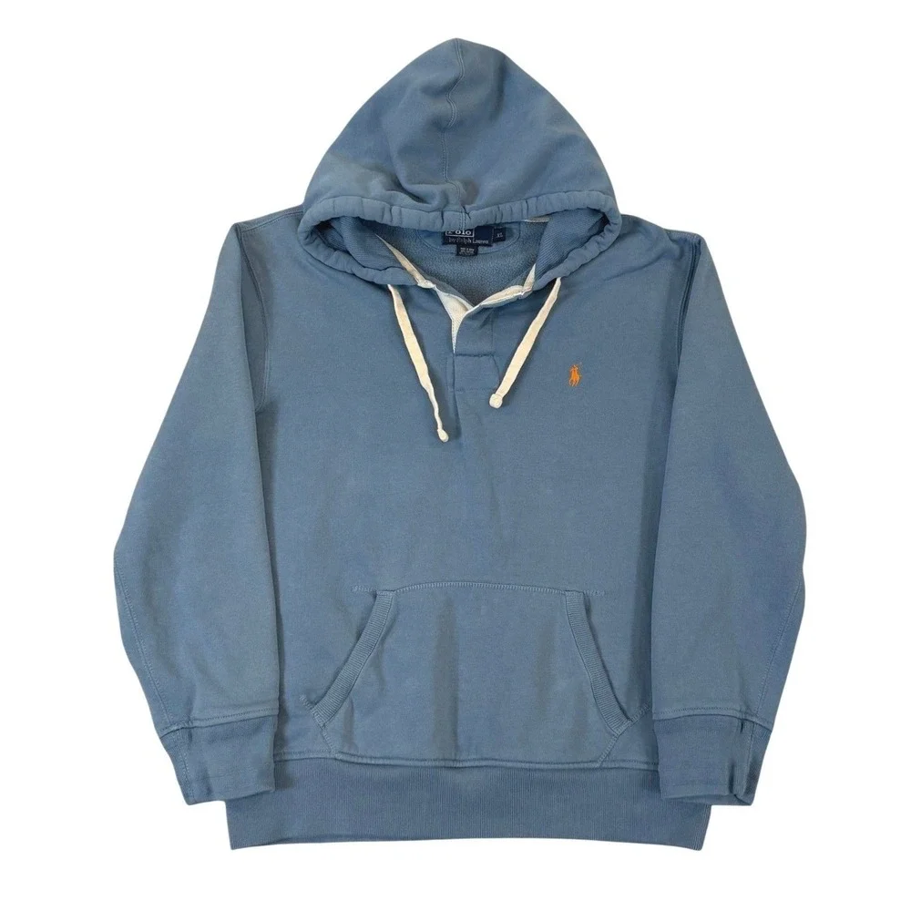 Vintage Polo Ralph Lauren Rugby Hoodie Sweatshirt XL Blue Pony Faded 90s Y2K